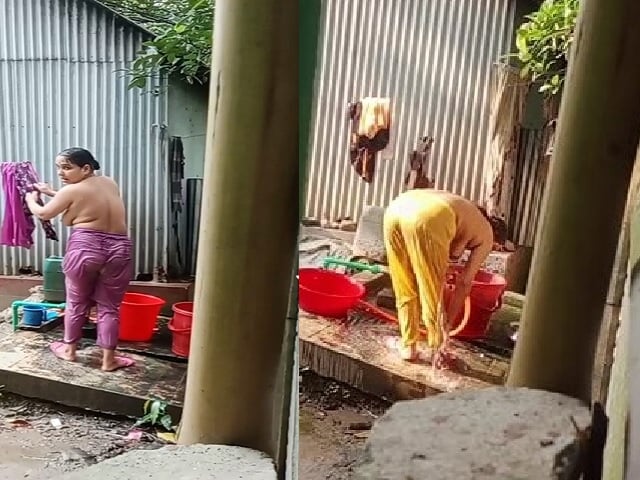 Neighbor Bengali aunty bathing outdoor caught on camera